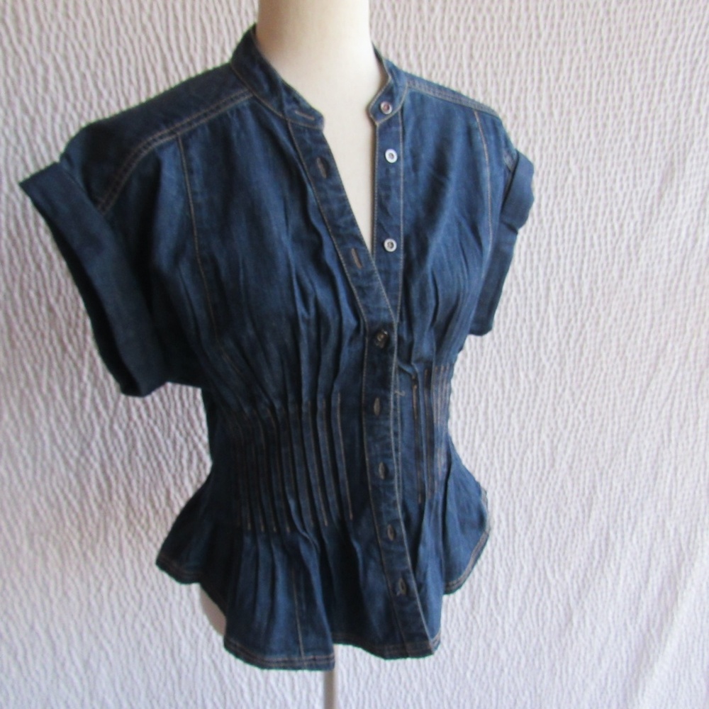 Pilcro Denim Jean Shirt XS Womens Pintuck Tailored Short Sleeve Button